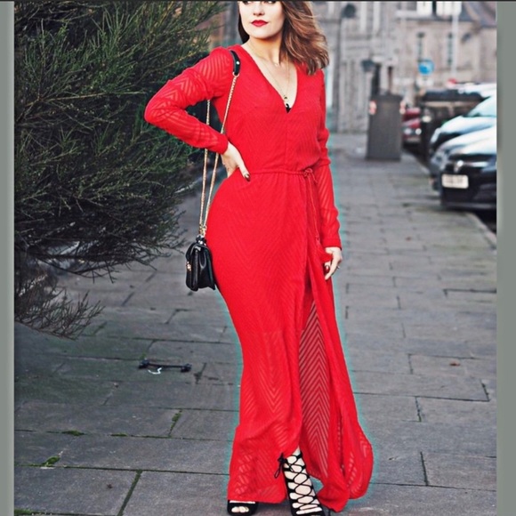 NWT Brilliant Red Sheer Patterned Maxi Dress - Picture 14 of 15